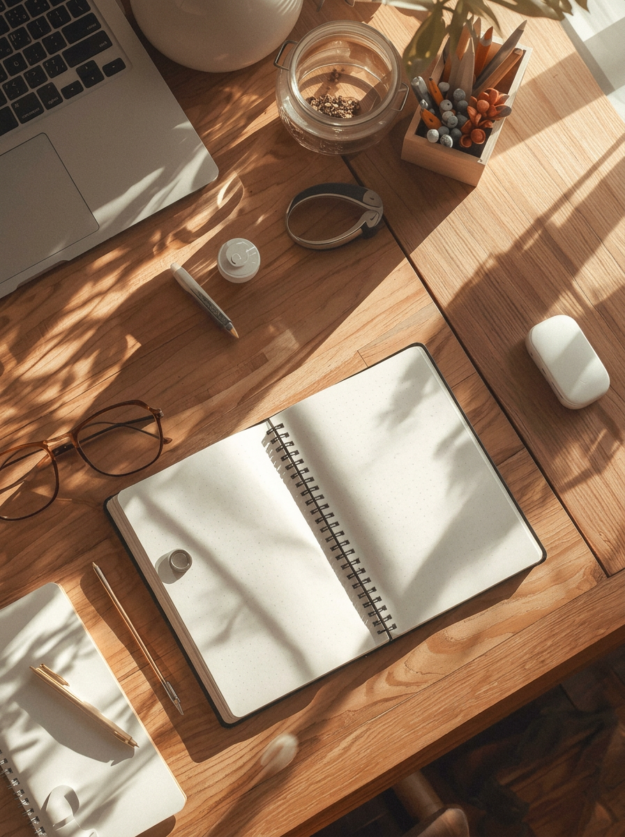 Overhead view of an open notebook, pen, glasses and laptop on a sunlit wooden desk